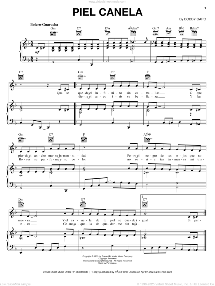 Piel Canela sheet music for voice, piano or guitar by Bobby Capo, intermediate skill level