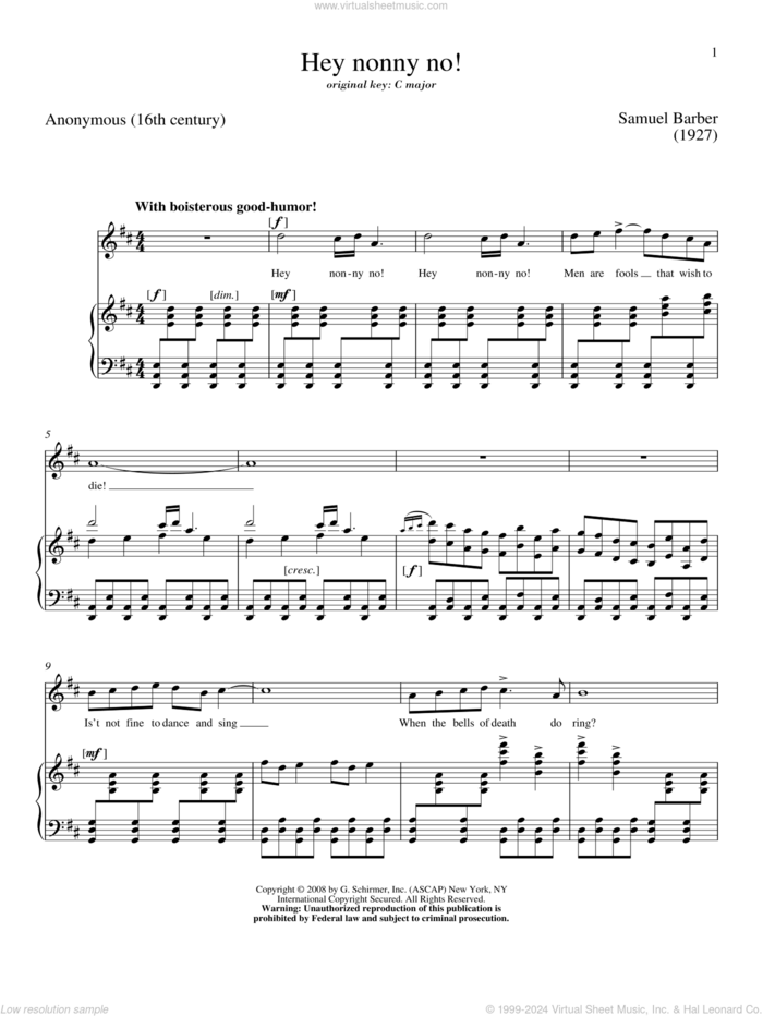 Hey Nonny-No! sheet music for voice and piano (High Voice) by Samuel Barber, classical score, intermediate skill level