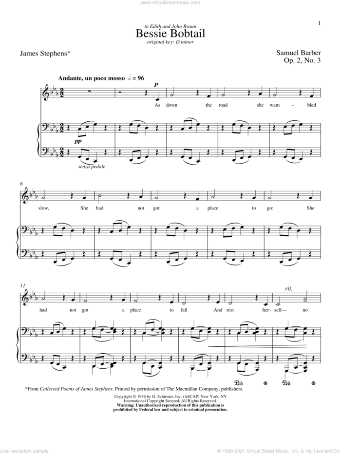 Bessie Bobtail sheet music for voice and piano (Low Voice) by Samuel Barber and James Stephens, classical score, intermediate skill level