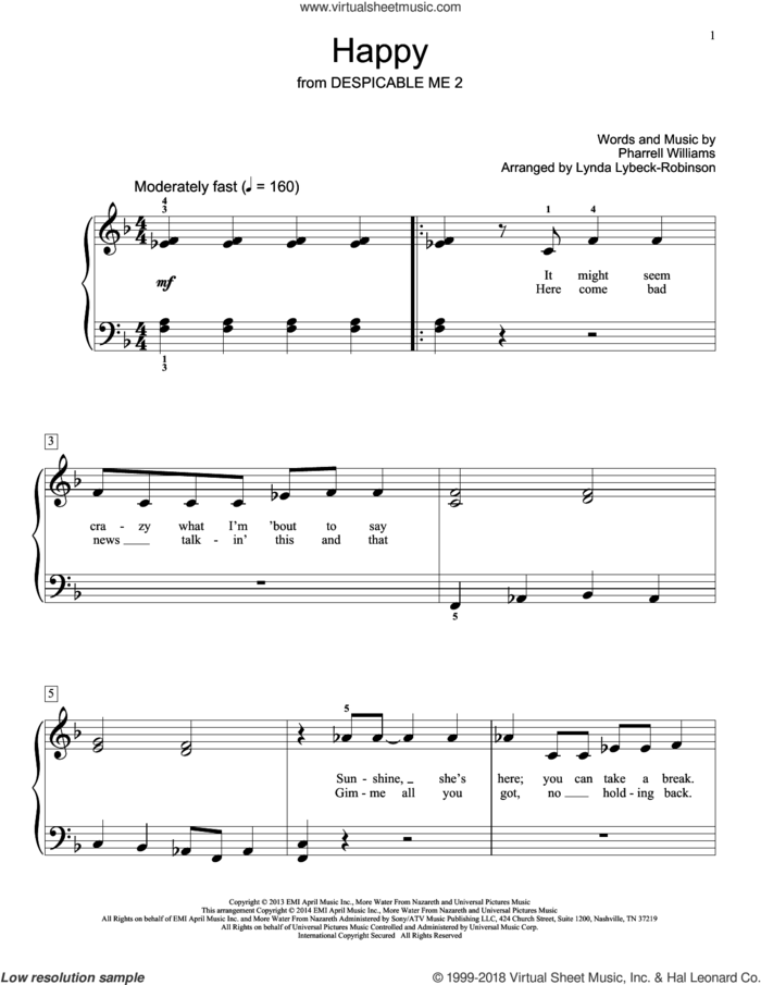 Happy sheet music for piano solo (elementary) by Pharrell Williams, Lynda Lybeck-Robinson and Pharrell, beginner piano (elementary)