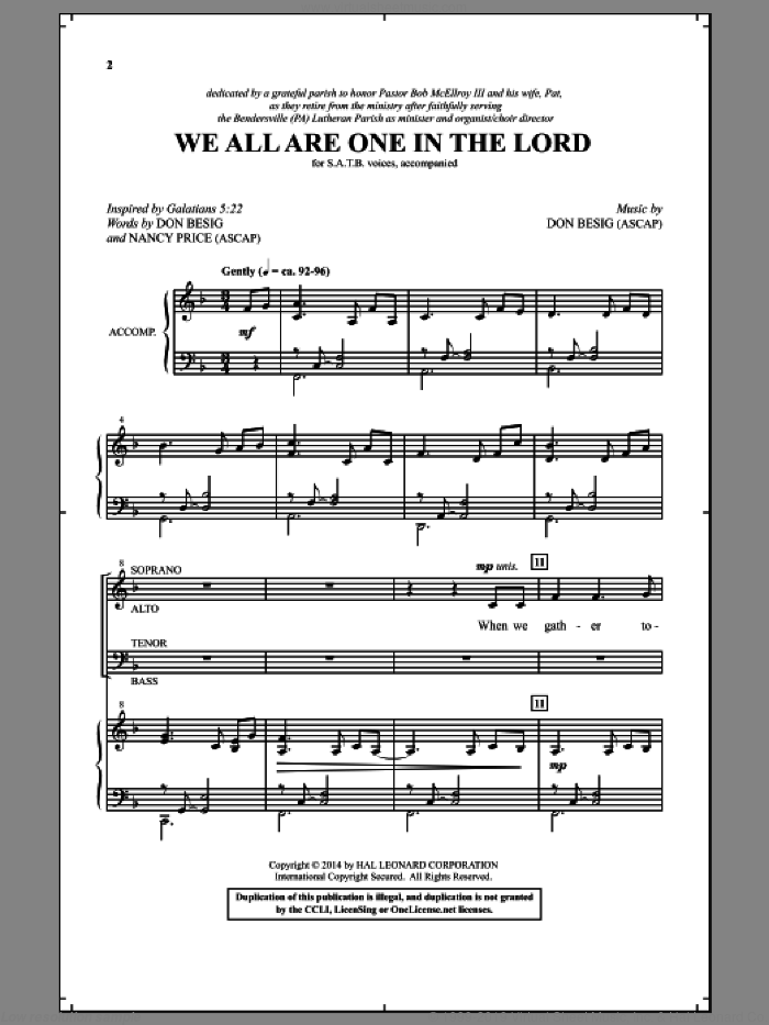 We All Are One In The Lord sheet music for choir (SATB: soprano, alto, tenor, bass) by Don Besig and Nancy Price, intermediate skill level