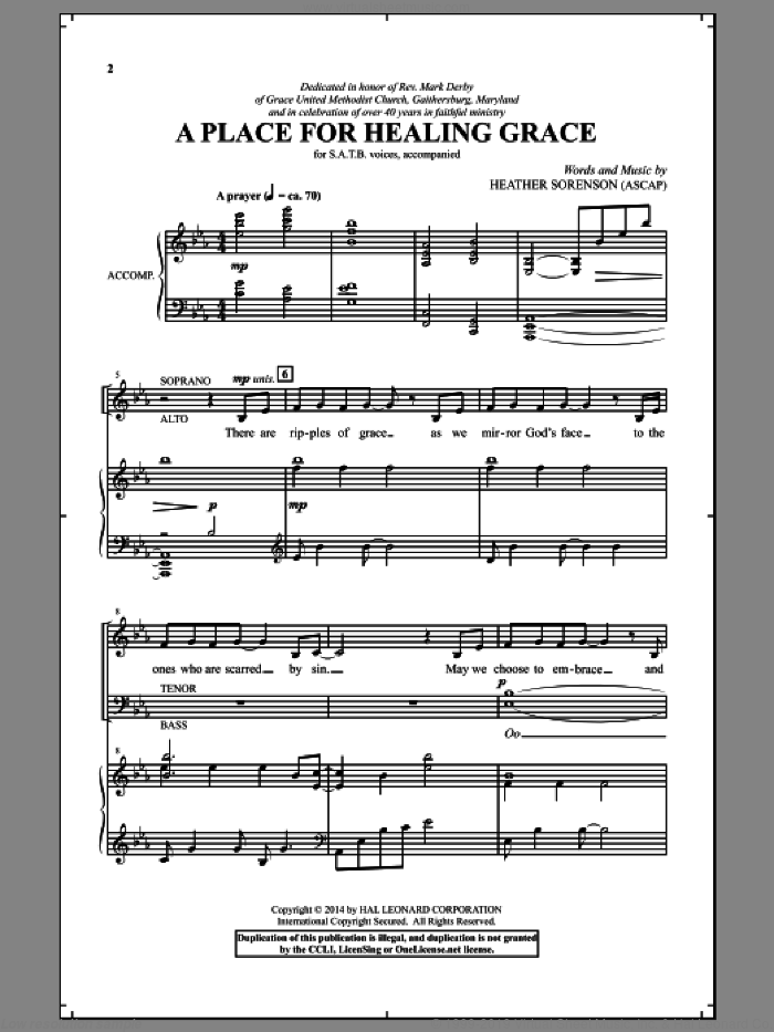 A Place For Healing Grace sheet music for choir (SATB: soprano, alto, tenor, bass) by Heather Sorenson, intermediate skill level