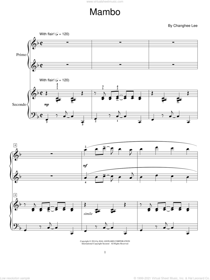 Mambo sheet music for piano four hands by Changhee Lee, intermediate skill level
