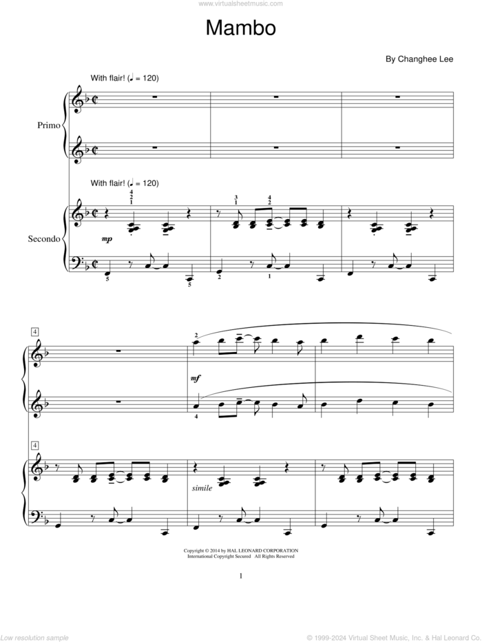 Mambo sheet music for piano four hands by Changhee Lee, intermediate skill level