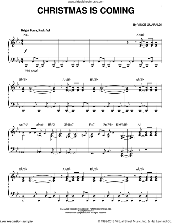 Christmas Is Coming sheet music for piano solo by Vince Guaraldi, intermediate skill level