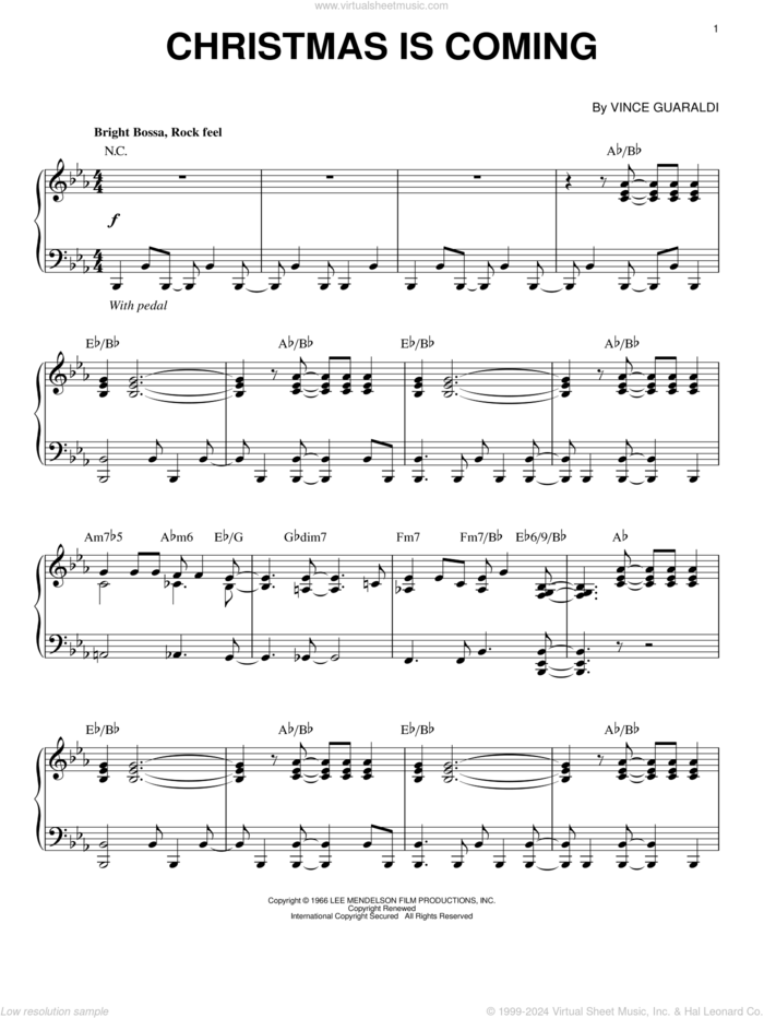 Christmas Is Coming sheet music for piano solo by Vince Guaraldi, intermediate skill level