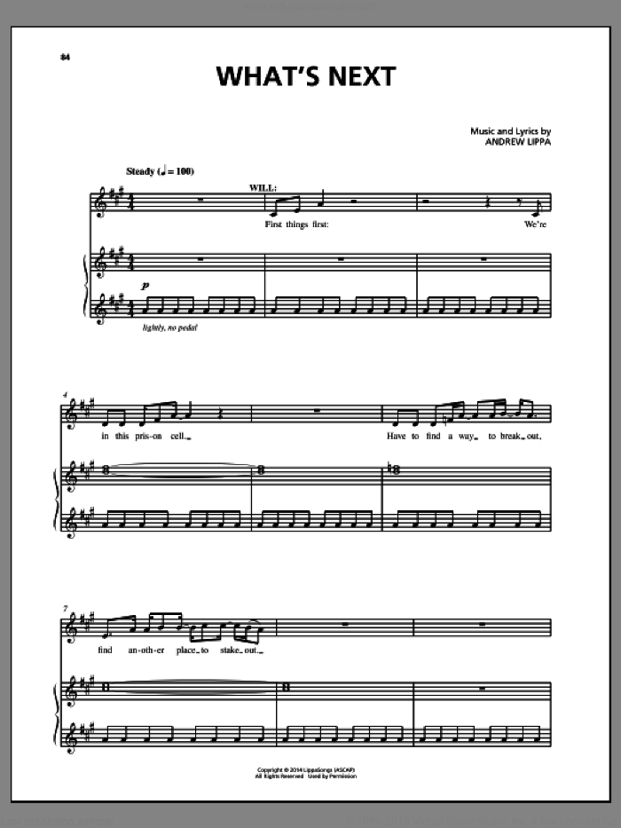 What's Next sheet music for voice, piano or guitar by Andrew Lippa and John August, intermediate skill level