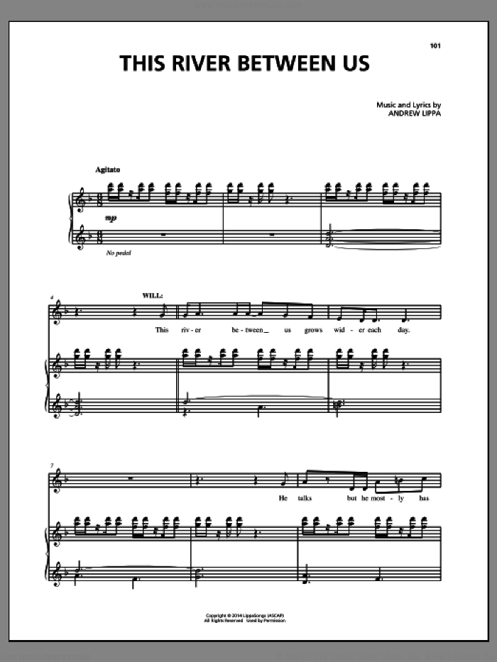 This River Between Us sheet music for voice, piano or guitar by Andrew Lippa and John August, intermediate skill level