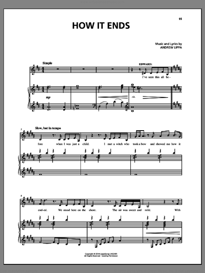 How It Ends sheet music for voice, piano or guitar by Andrew Lippa and John August, intermediate skill level