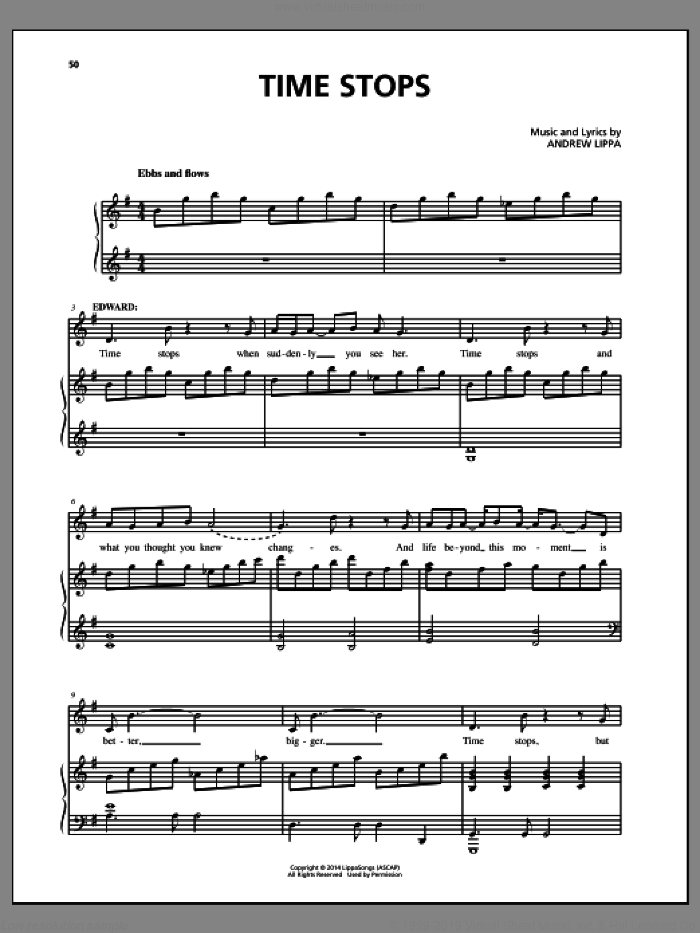Time Stops sheet music for voice, piano or guitar by Andrew Lippa and John August, intermediate skill level