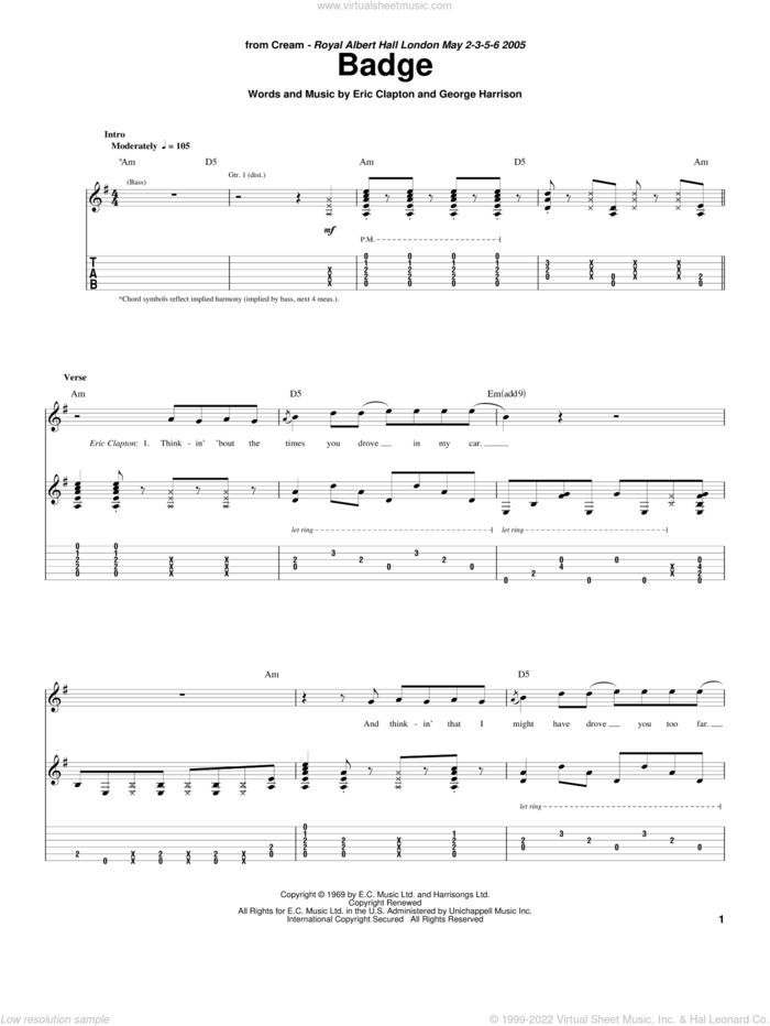 Badge (Royal Albert Hall version) sheet music for guitar (tablature) by Cream, Eric Clapton and George Harrison, intermediate skill level