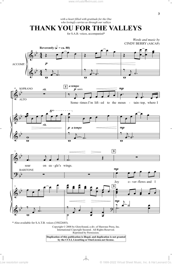 Thank You For The Valleys sheet music for choir (SAB: soprano, alto, bass) by Cindy Berry, intermediate skill level