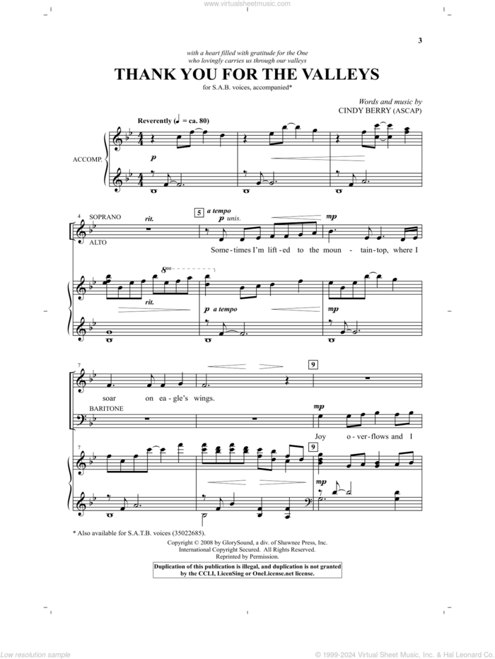 Thank You For The Valleys sheet music for choir (SAB: soprano, alto, bass) by Cindy Berry, intermediate skill level