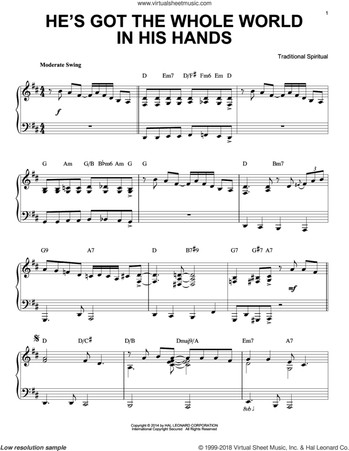 He's Got The Whole World In His Hands [Jazz version] (arr. Brent Edstrom) sheet music for piano solo  and Brent Edstrom, intermediate skill level