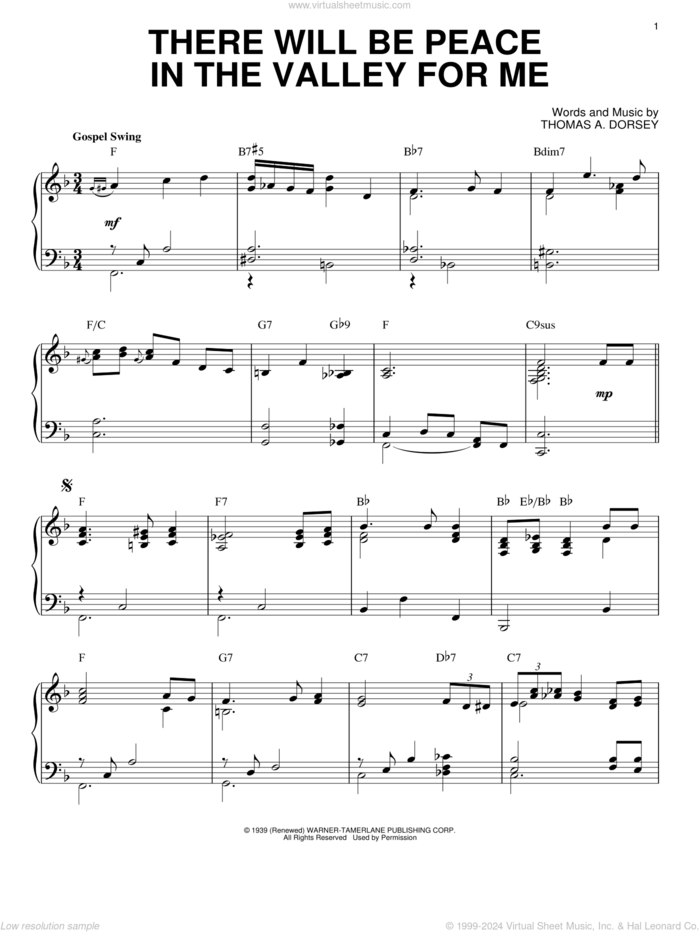 There Will Be Peace In The Valley For Me [Jazz version] (arr. Brent Edstrom) sheet music for piano solo by Tommy Dorsey and Elvis Presley, intermediate skill level