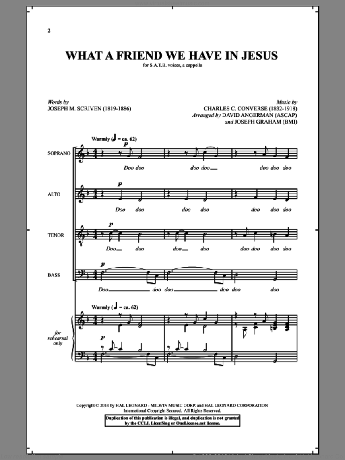 What A Friend We Have In Jesus sheet music for choir (SATB: soprano, alto, tenor, bass) by Joseph M. Scriven, David Angerman, Joseph Graham and Charles C. Converse, intermediate skill level