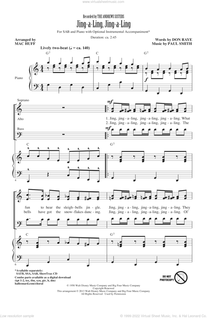 Jing-A-Ling, Jing-A-Ling sheet music for choir (SAB: soprano, alto, bass) by Don Raye, Mac Huff, Andrews Sisters and Paul Smith, intermediate skill level