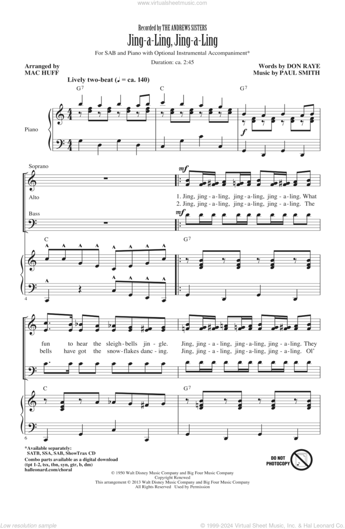 Jing-A-Ling, Jing-A-Ling sheet music for choir (SAB: soprano, alto, bass) by Don Raye, Mac Huff, Andrews Sisters and Paul Smith, intermediate skill level