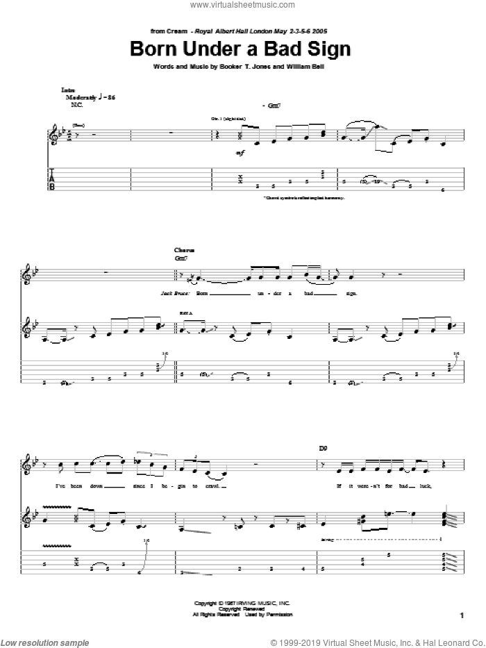 Born Under A Bad Sign sheet music for guitar (tablature) by Cream, Albert King, Booker T. Jones and William Bell, intermediate skill level