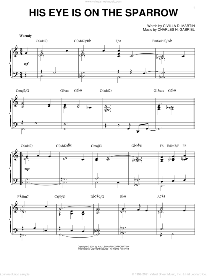 His Eye Is On The Sparrow [Jazz version] (arr. Brent Edstrom) sheet music for piano solo by Charles H. Gabriel, Brent Edstrom and Civilla D. Martin, intermediate skill level