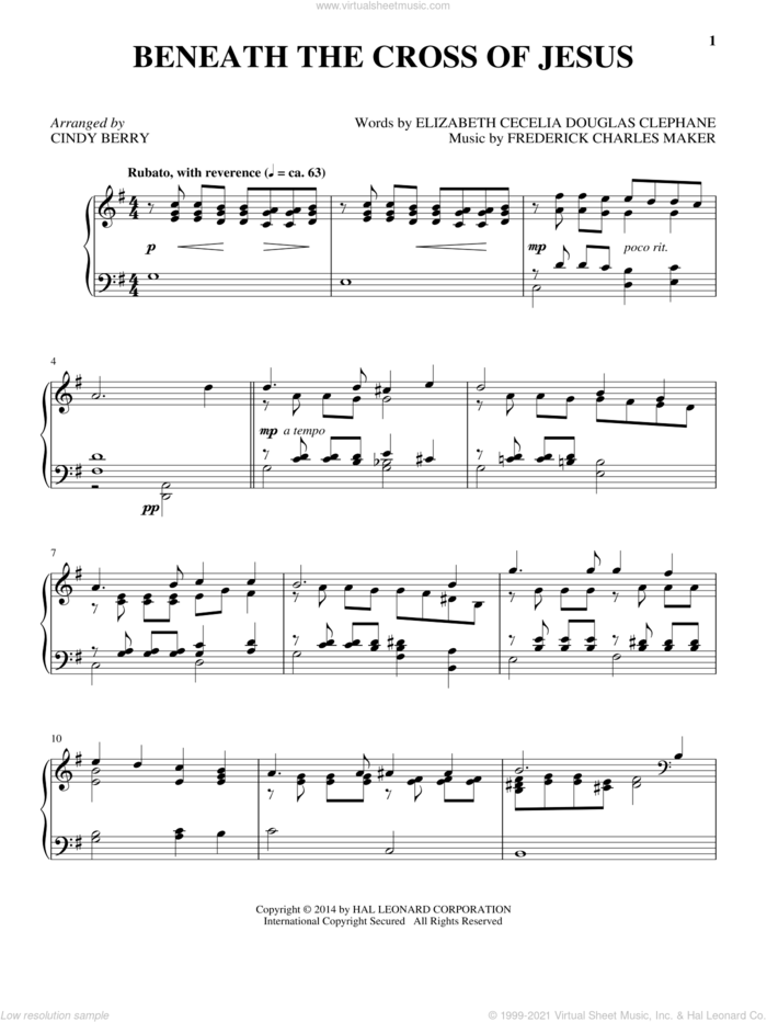 Beneath The Cross Of Jesus sheet music for piano solo by Frederick Charles Maker, Cindy Berry and Elizabeth Cecilia Dou Clephane, intermediate skill level