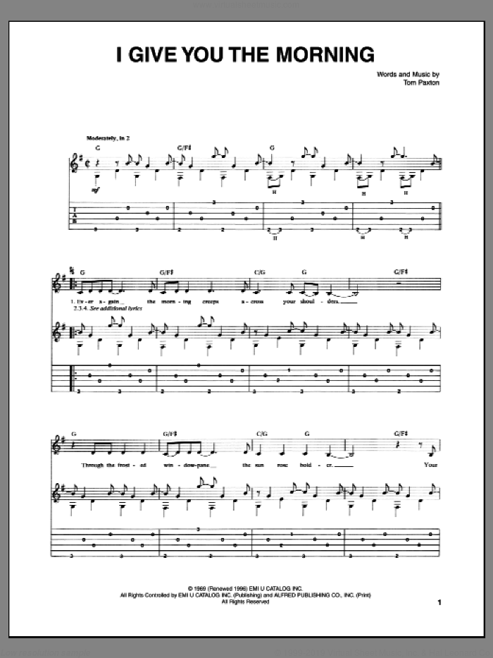 I Give You The Morning sheet music for guitar (tablature) by Tom Paxton, intermediate skill level
