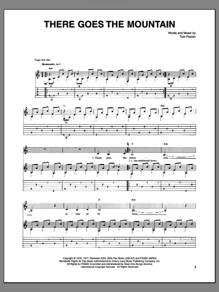 There Goes The Mountain sheet music for guitar (tablature) by Tom Paxton, intermediate skill level