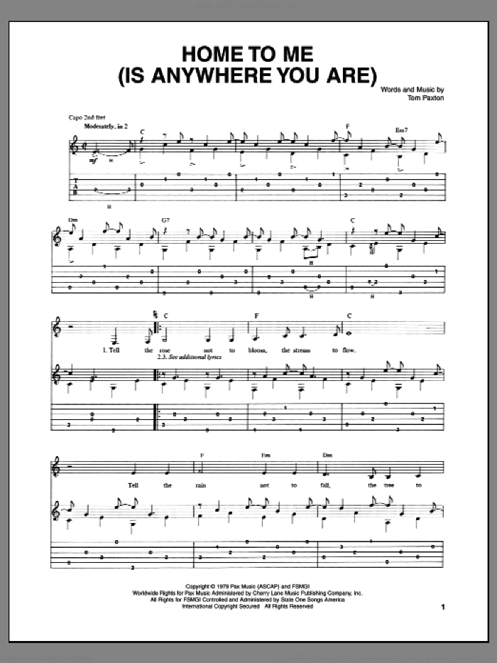 Home To Me (Is Anywhere You Are) sheet music for guitar (tablature) by Tom Paxton, intermediate skill level