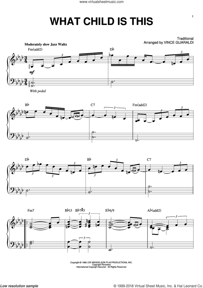 What Child Is This sheet music for piano solo by Vince Guaraldi, intermediate skill level
