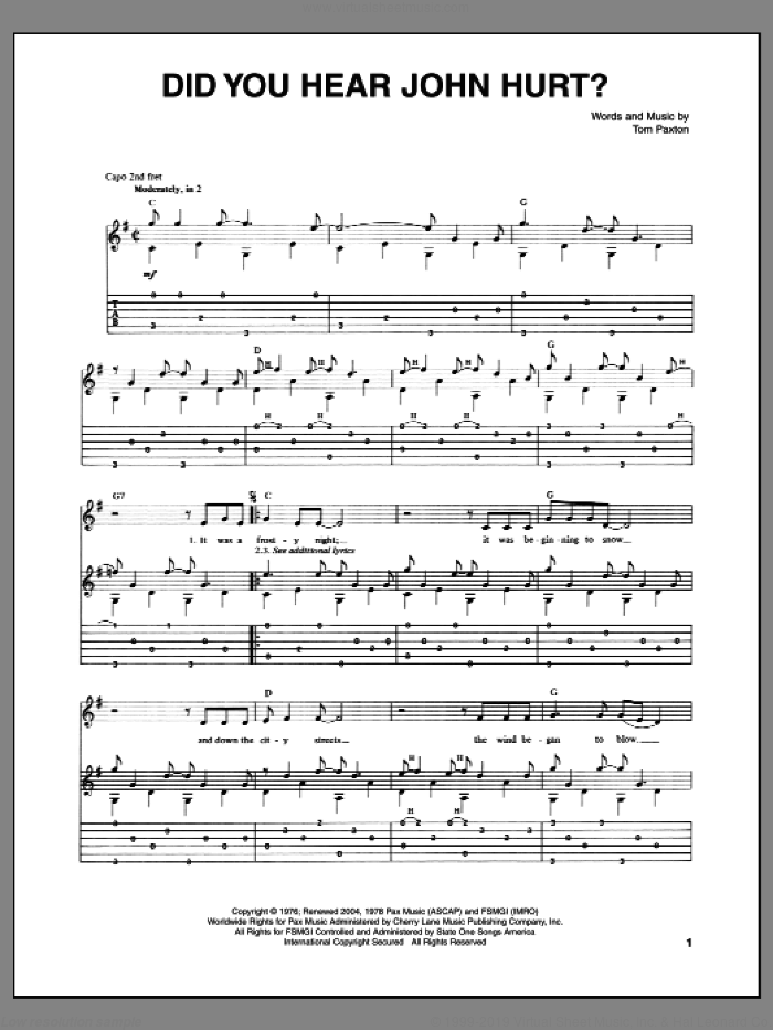 Did You Hear John Hurt? sheet music for guitar (tablature) by Tom Paxton, intermediate skill level