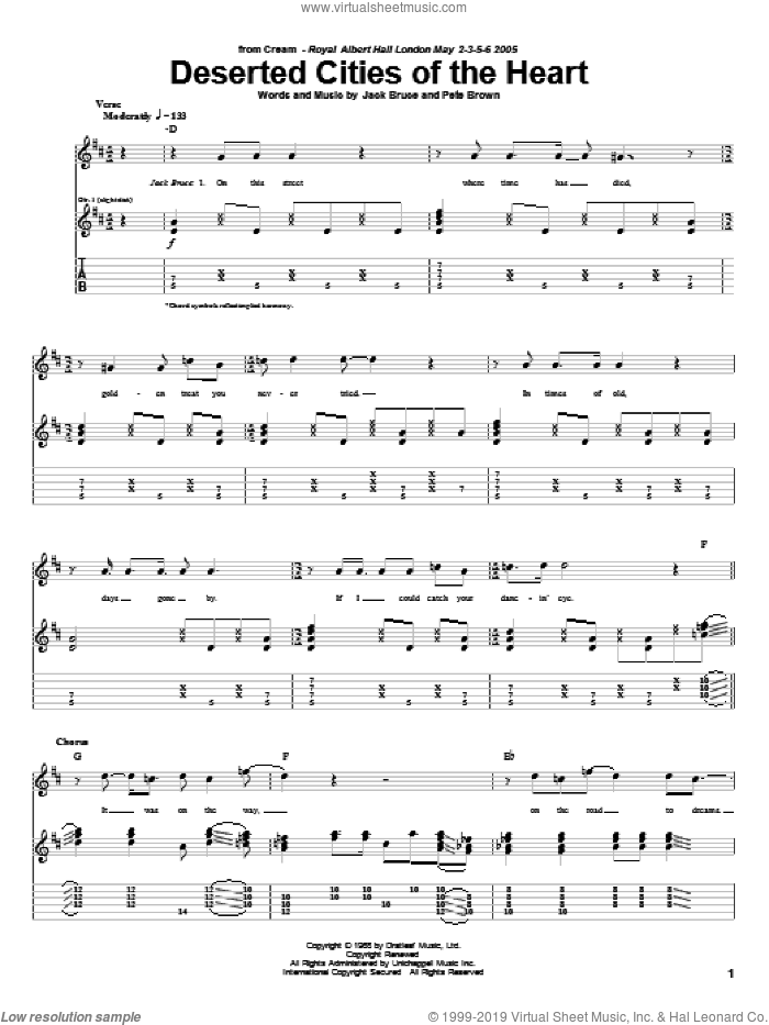 Deserted Cities Of The Heart sheet music for guitar (tablature) by Cream, Jack Bruce and Pete Brown, intermediate skill level