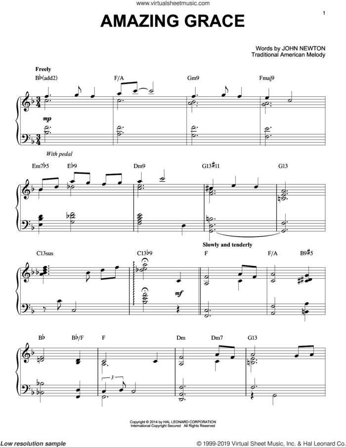Amazing Grace [Jazz version] (arr. Brent Edstrom) sheet music for piano solo by John Newton, Edwin O. Excell and Miscellaneous, wedding score, intermediate skill level
