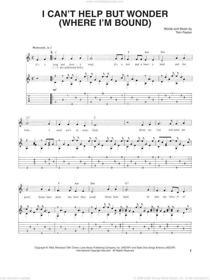 I Can't Help But Wonder (Where I'm Bound) sheet music for guitar (tablature) by Tom Paxton, intermediate skill level