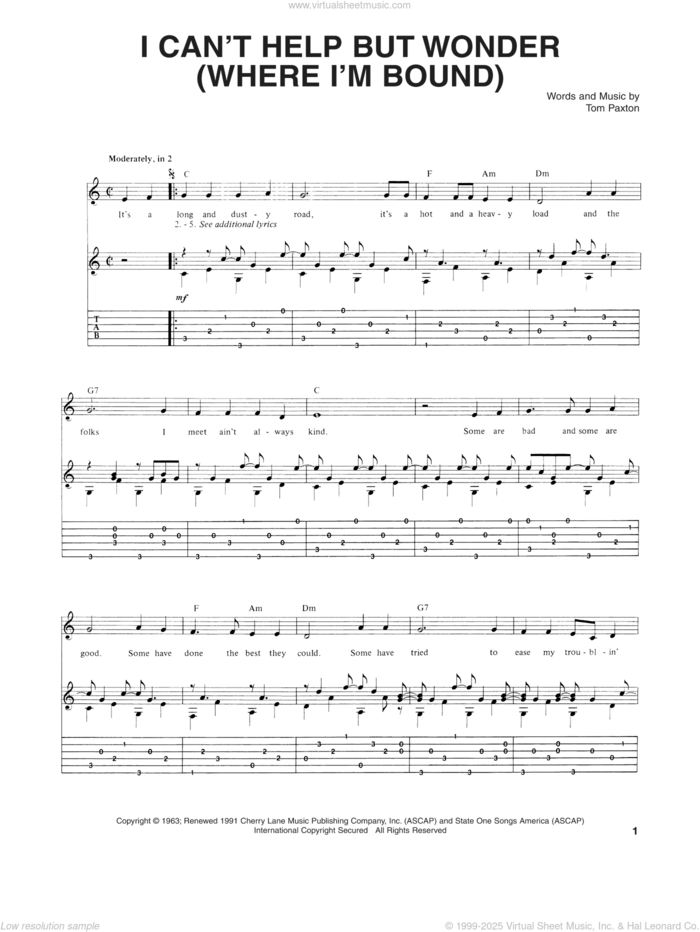 I Can't Help But Wonder (Where I'm Bound) sheet music for guitar (tablature) by Tom Paxton, intermediate skill level