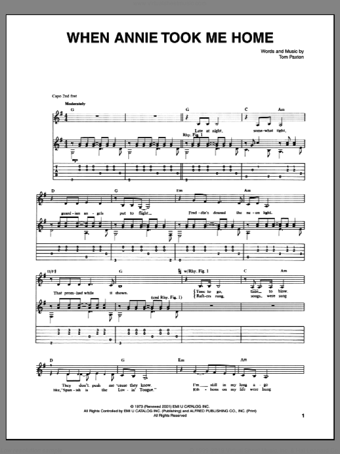 When Annie Took Me Home sheet music for guitar (tablature) by Tom Paxton, intermediate skill level