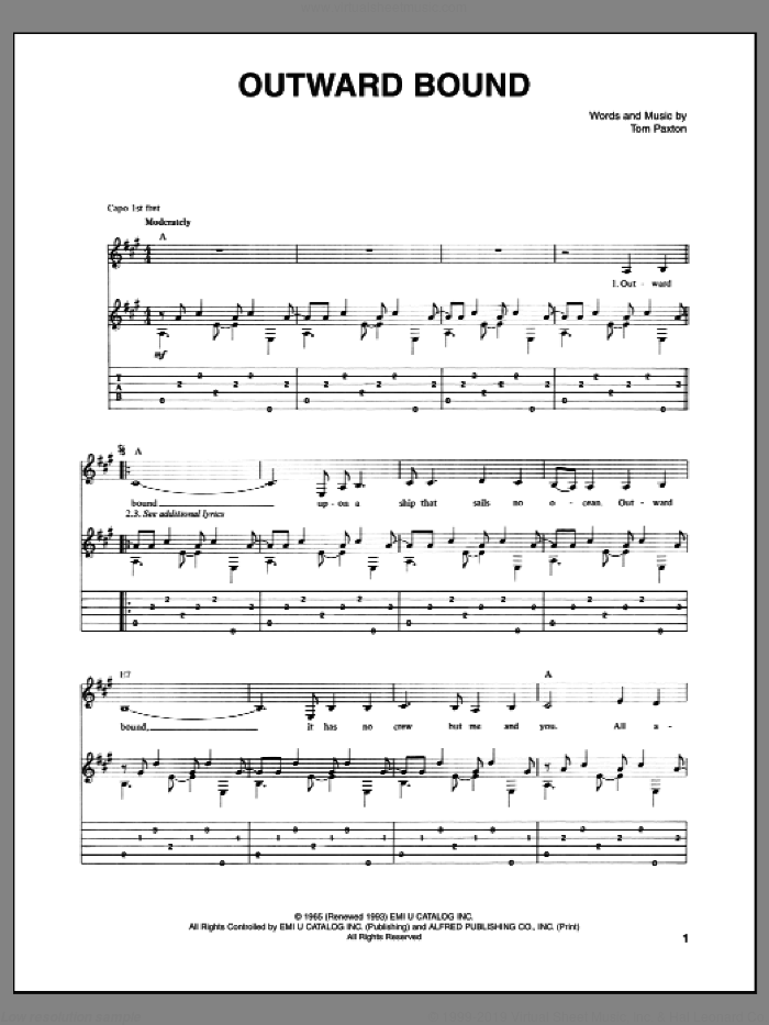Outward Bound sheet music for guitar (tablature) by Tom Paxton, intermediate skill level