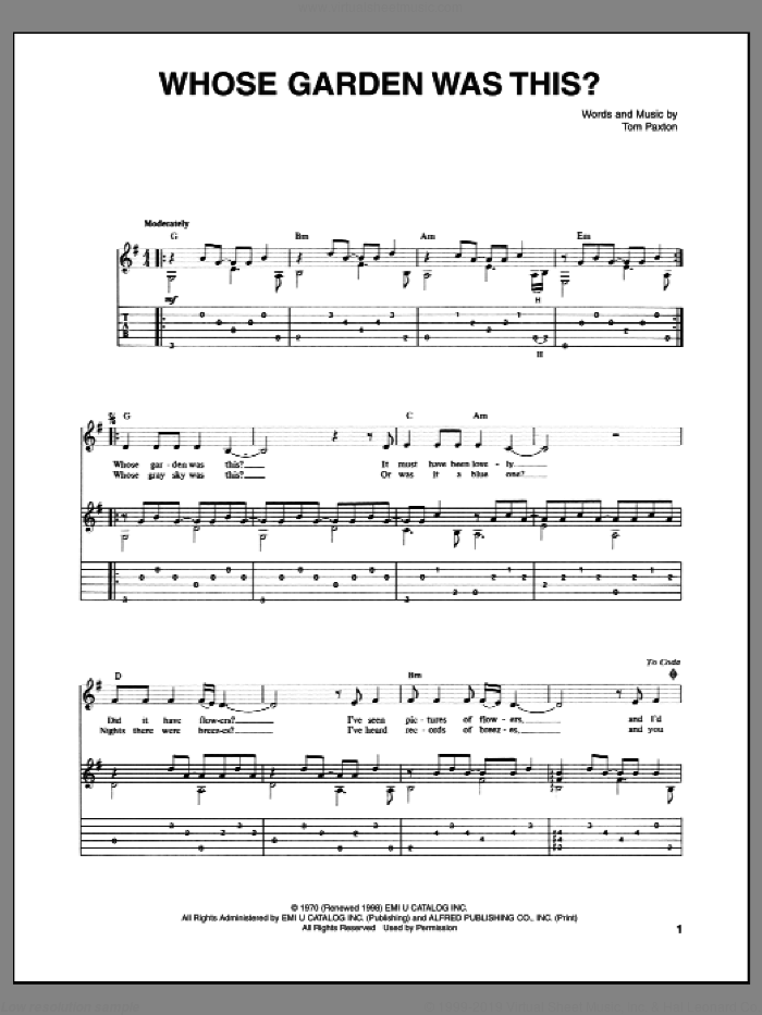 Whose Garden Was This? sheet music for guitar (tablature) by Tom Paxton, intermediate skill level