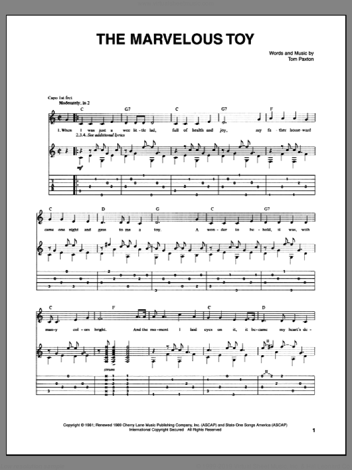The Marvelous Toy sheet music for guitar (tablature) by Tom Paxton and John Denver, intermediate skill level