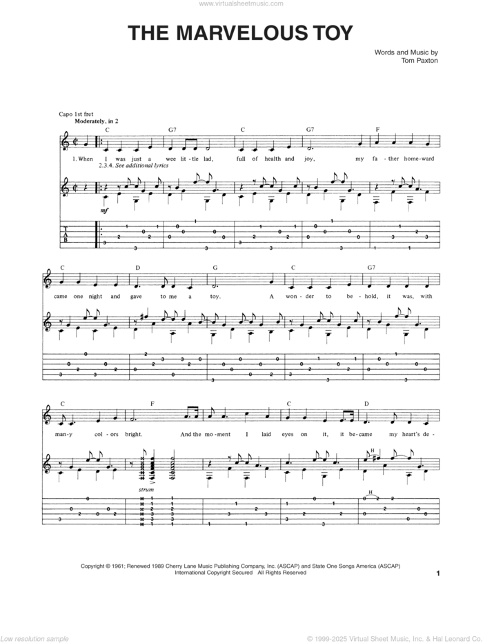 The Marvelous Toy sheet music for guitar (tablature) by Tom Paxton and John Denver, intermediate skill level