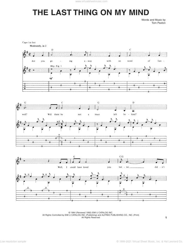 The Last Thing On My Mind sheet music for guitar (tablature) by Tom Paxton, intermediate skill level