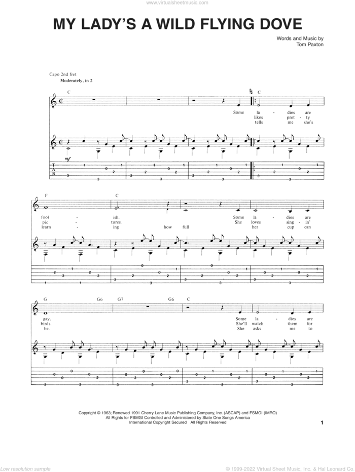 My Lady's A Wild Flying Dove sheet music for guitar (tablature) by Tom Paxton, intermediate skill level