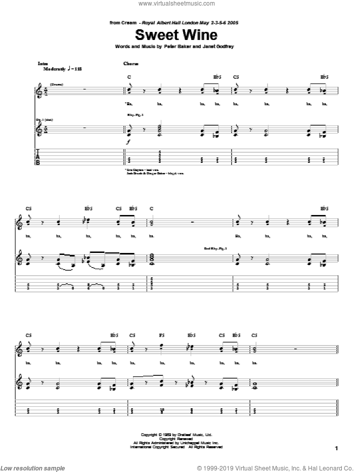 Sweet Wine sheet music for guitar (tablature) by Cream, Janet Godfrey and Peter Baker, intermediate skill level