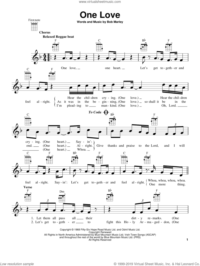 One Love sheet music for ukulele by Bob Marley, intermediate skill level