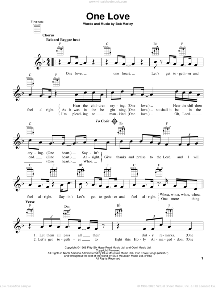 One Love sheet music for ukulele by Bob Marley, intermediate skill level