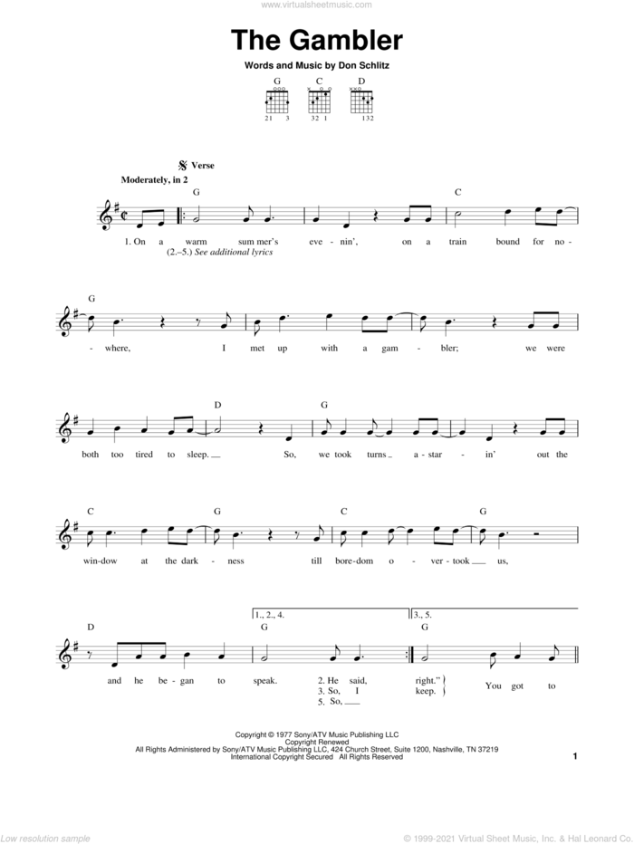 The Gambler sheet music for guitar solo (chords) by Kenny Rogers and Don Schlitz, easy guitar (chords)