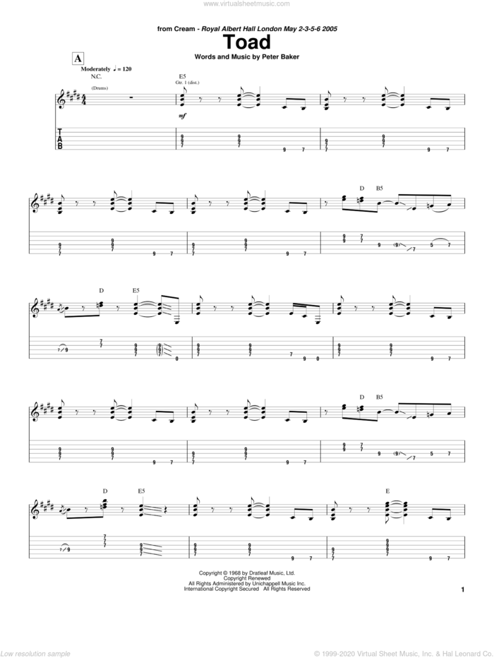 Toad sheet music for guitar (tablature) by Cream and Peter Baker, intermediate skill level