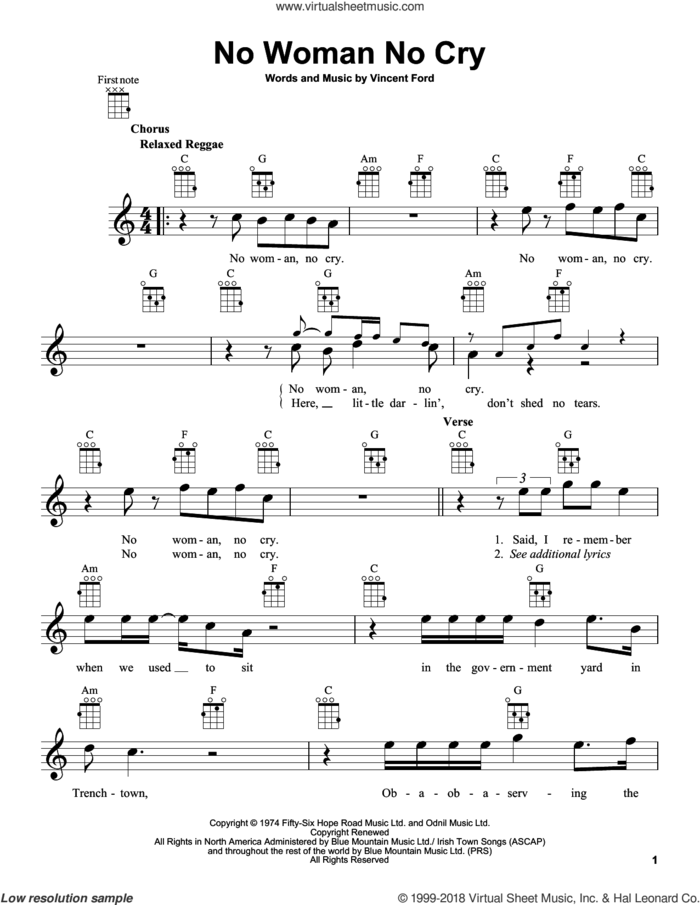 No Woman No Cry sheet music for ukulele by Bob Marley and Vincent Ford, intermediate skill level