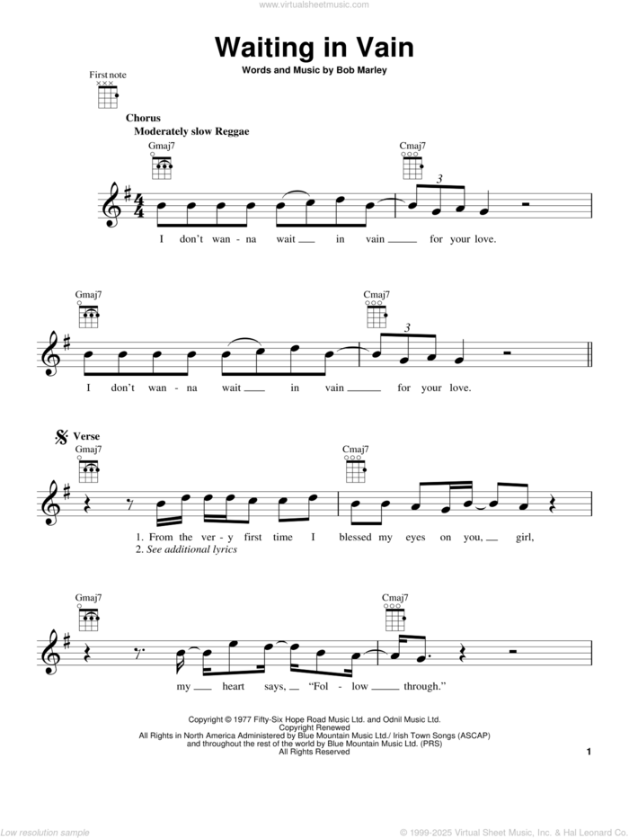 Waiting In Vain sheet music for ukulele by Bob Marley, intermediate skill level