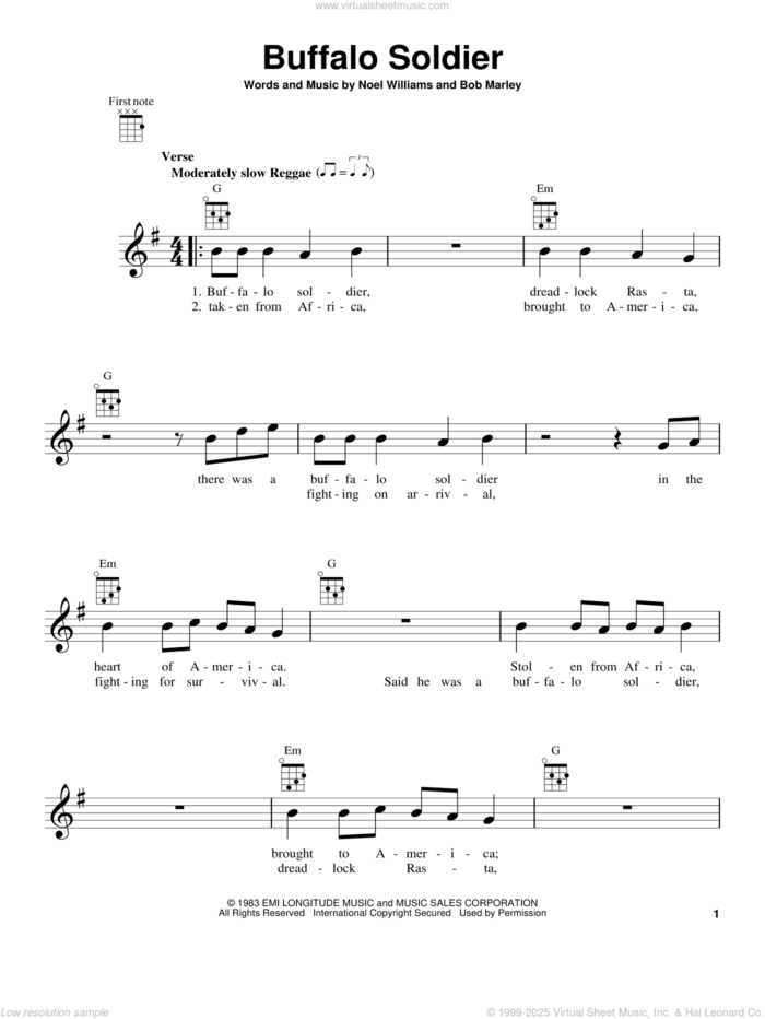 Buffalo Soldier sheet music for ukulele by Bob Marley and Noel Williams, intermediate skill level