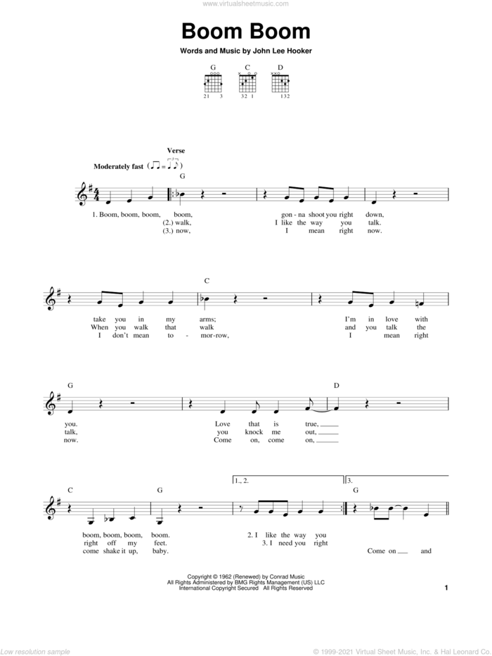 Boom Boom sheet music for guitar solo (chords) by John Lee Hooker, Big Head Todd & The Monsters, Eric Clapton and The Animals, easy guitar (chords)